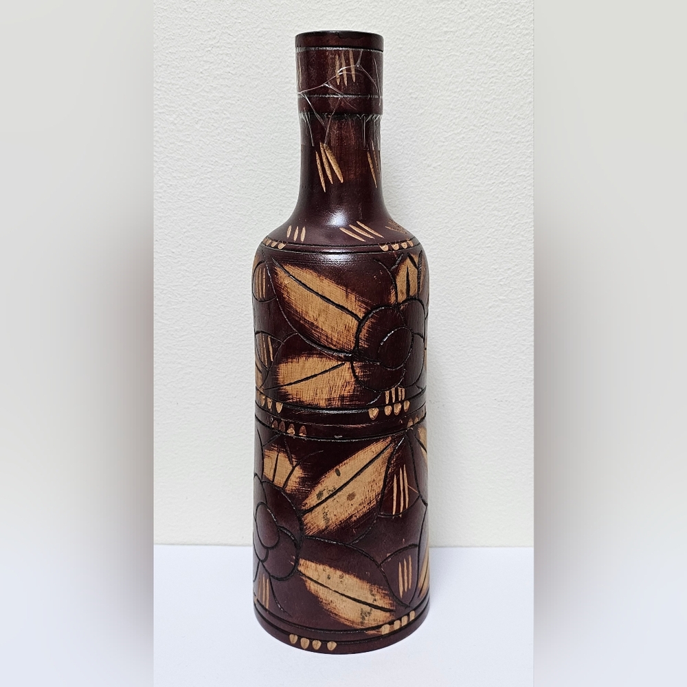 Vintage 13.5” Hand Carved Wood Wine Water Bottle Carrier Carafe Collectible